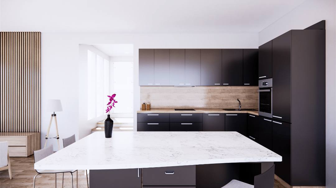 Wood-look porcelain backsplash tiles and black aluminum cabinets on a modern kitchen