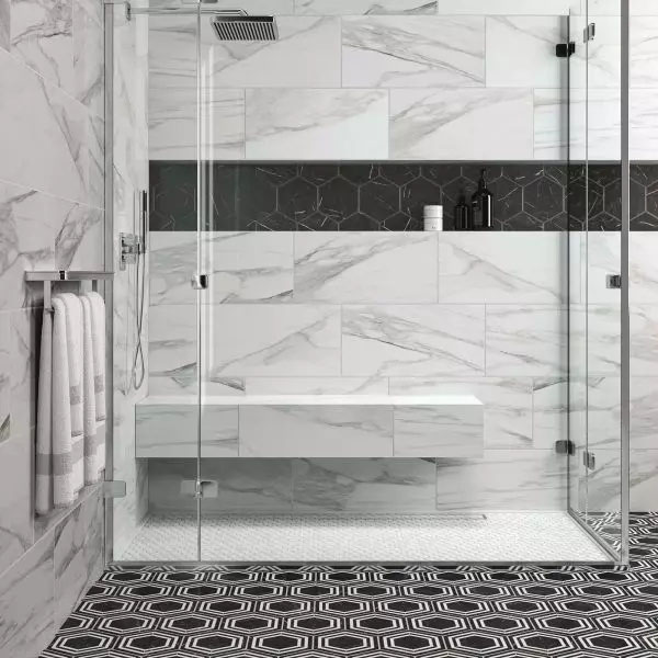 12x24 Brilliant White Rectangle Marble-look Porcelain Tile - A satin-finished shower wall, featuring large, rectangular porcelain tiles in Brilliant White that mimic the look of marble, adding a touch of sophistication and style