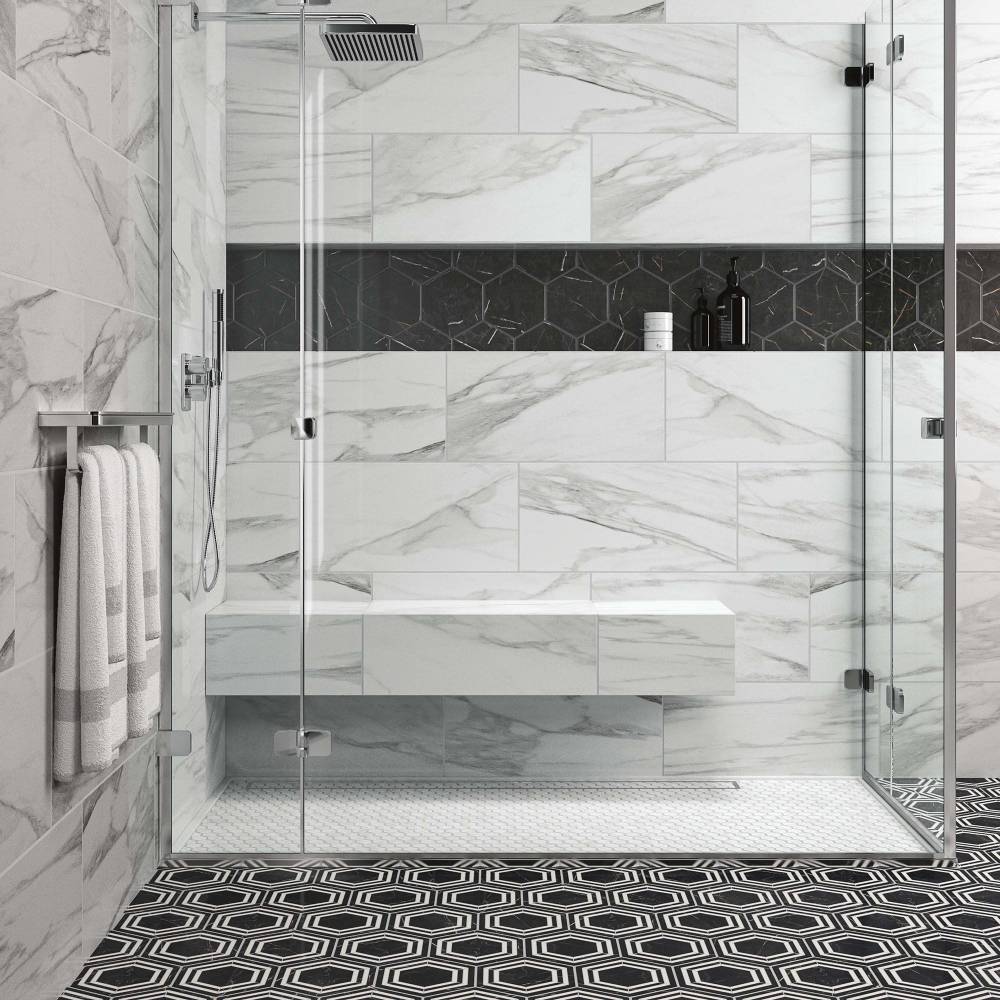 White bathroom with black and white diamond floor tile patterns, including a shower wall with subway tile pattern