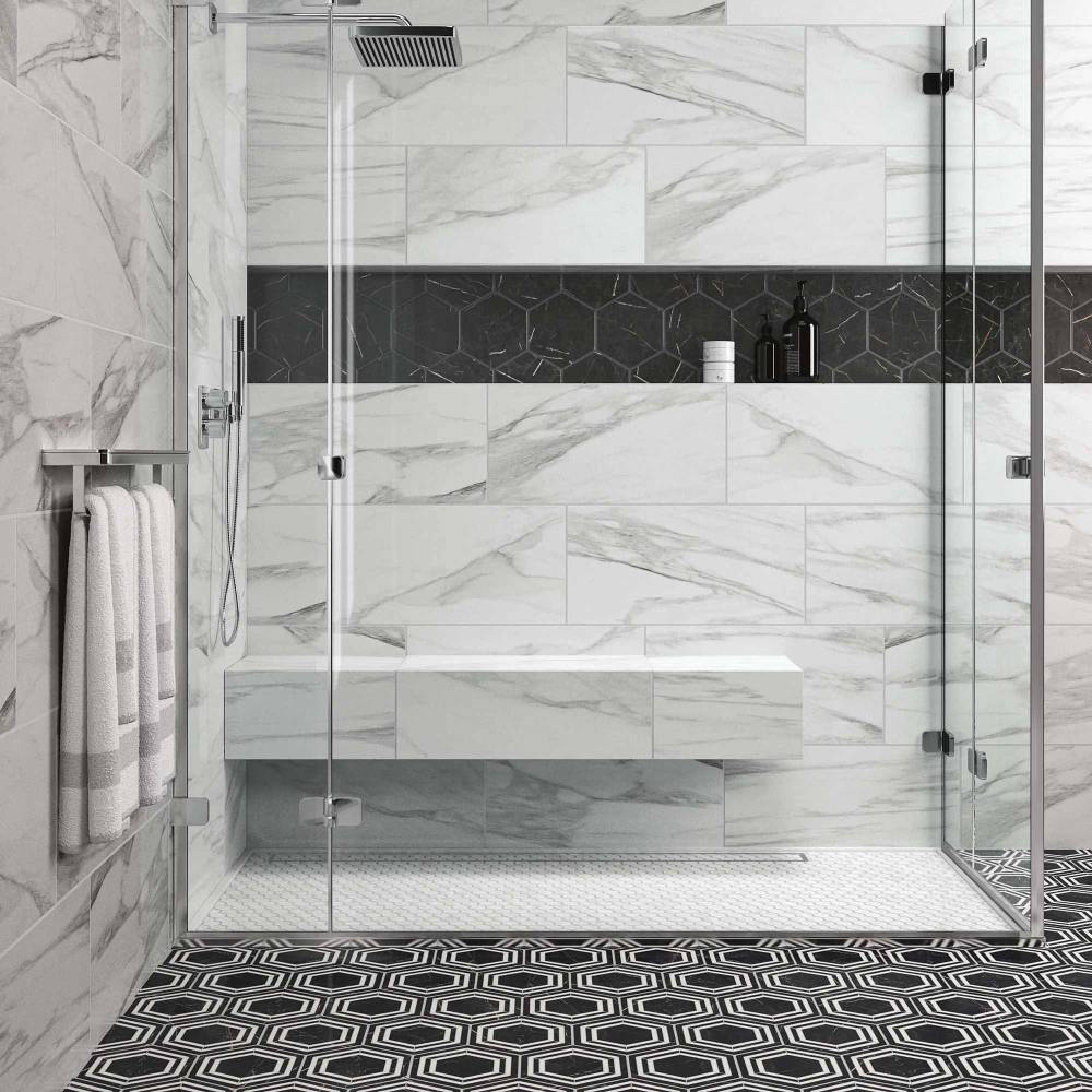 12x24 Brilliant White Rectangle Geometric Tiles on a bathroom wall