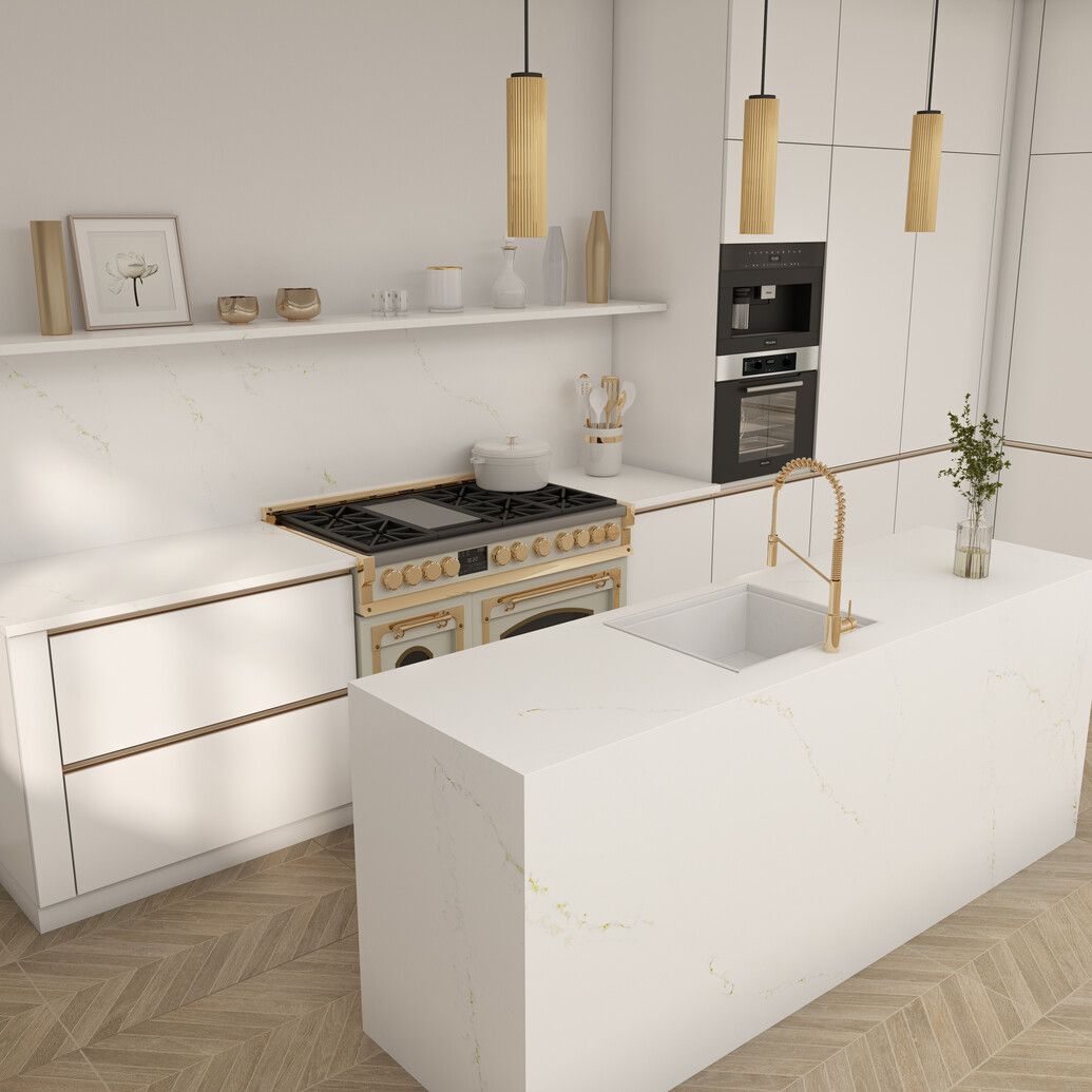 A modern kitchen with brown wood-look chevron floor tiles