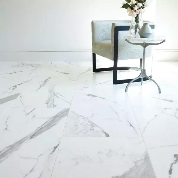 24x24 Calacatta Square White Porcelain Floor Tile from the Marble Attache collection.  (Just put this in the middle of the two images above) 