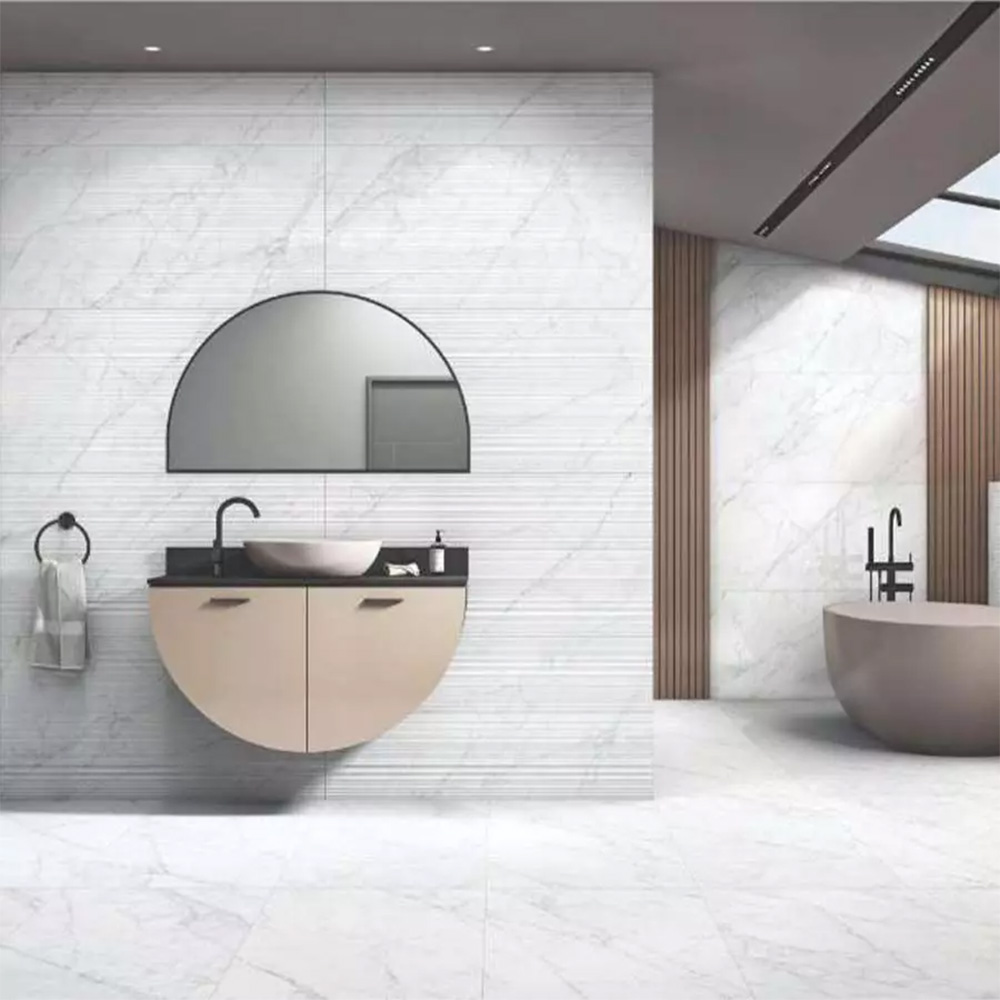 Carrara Fogg &ndash; Matte Gray Marble-look Porcelain Tiles on a shower wall and floor