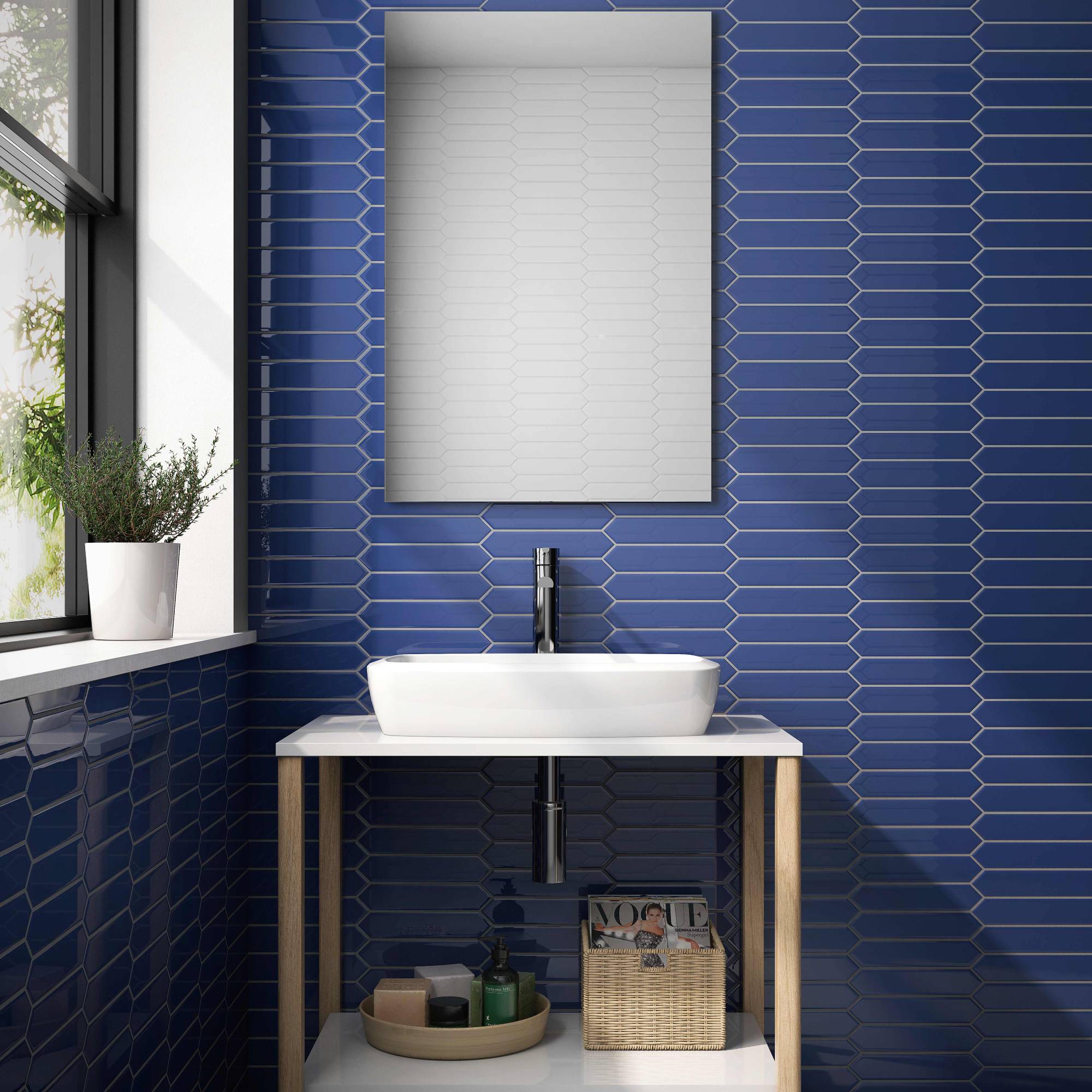 Blue Bathroom Design: Blue picket subway tiles with white grout