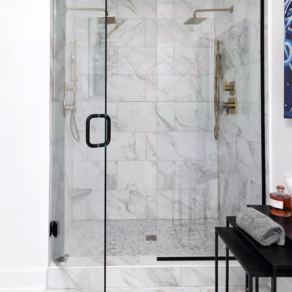 White Marble-look Porcelain Tile on a Shower Wall