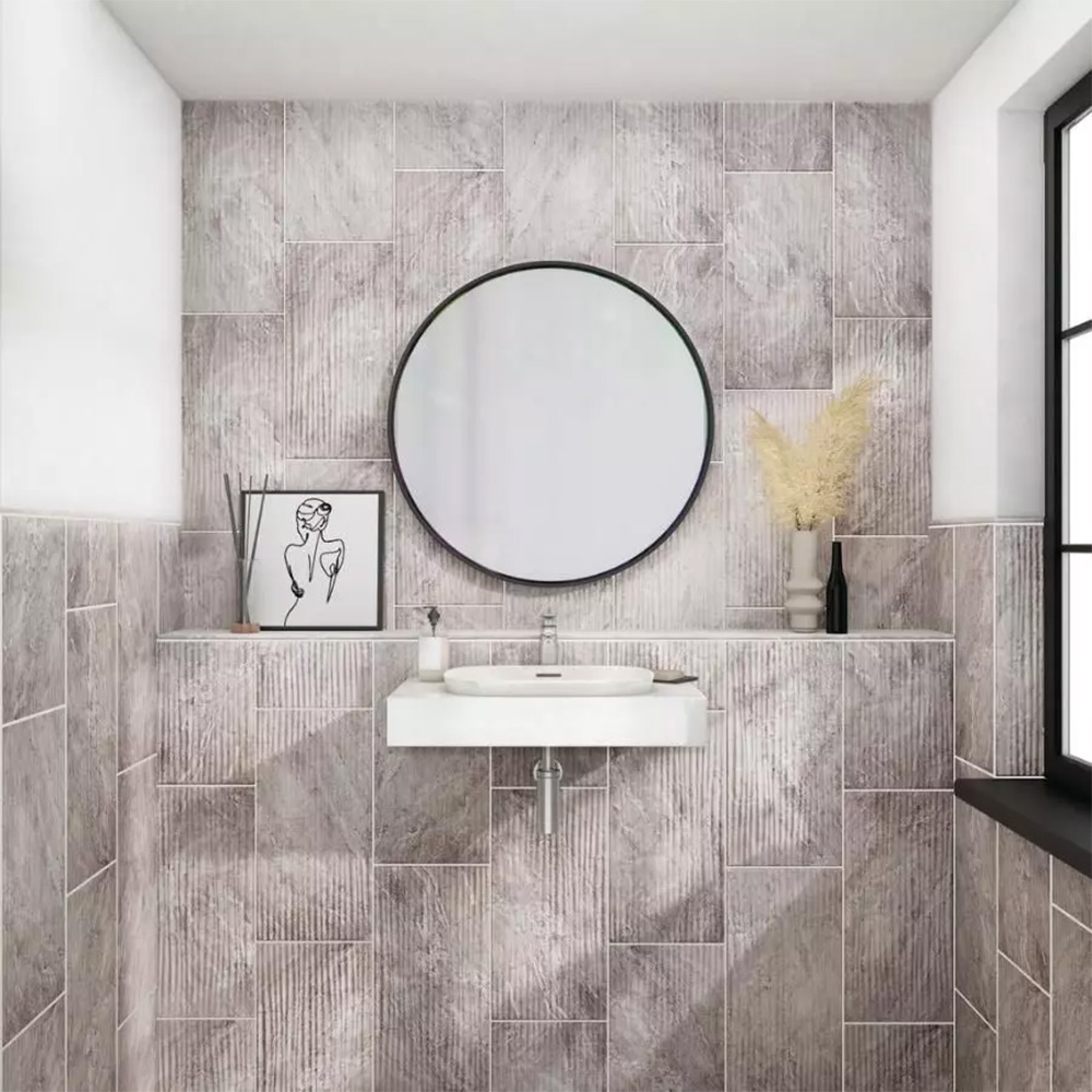 Eternal Grey Rectangle Wave &ndash; Satin Gray marble-look porcelain tile on a shower wall
