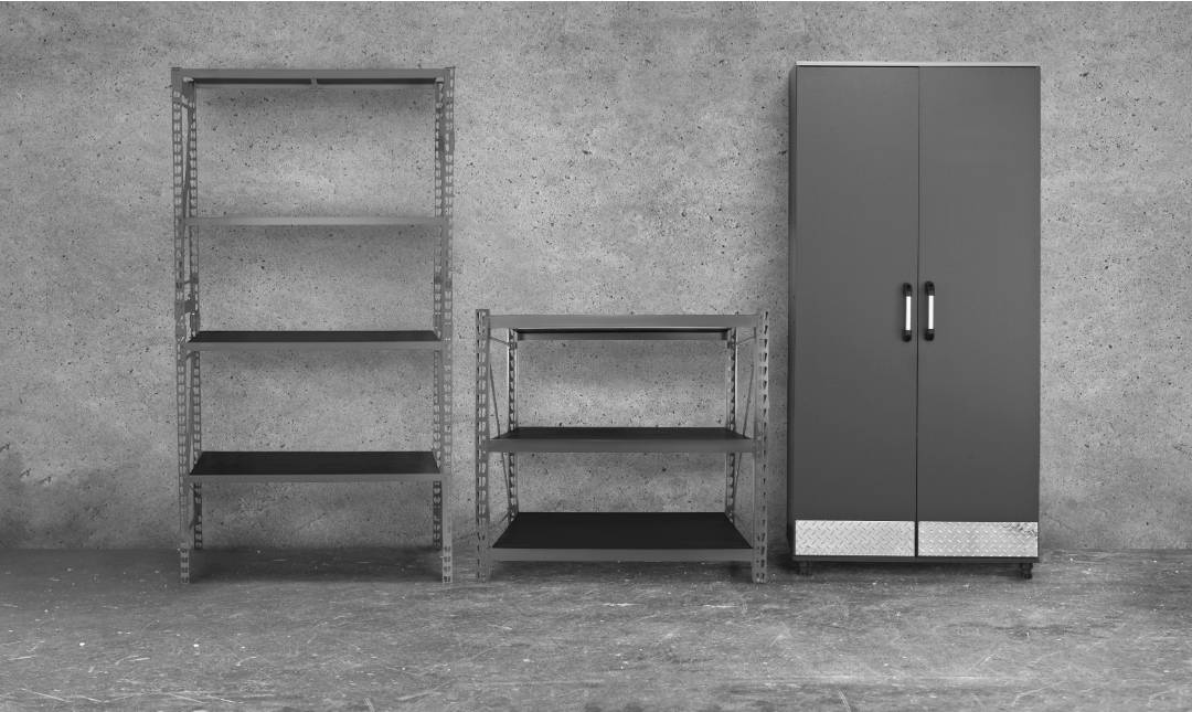 a sleek all-gray garage with gray concrete-look porcelain walls and floors