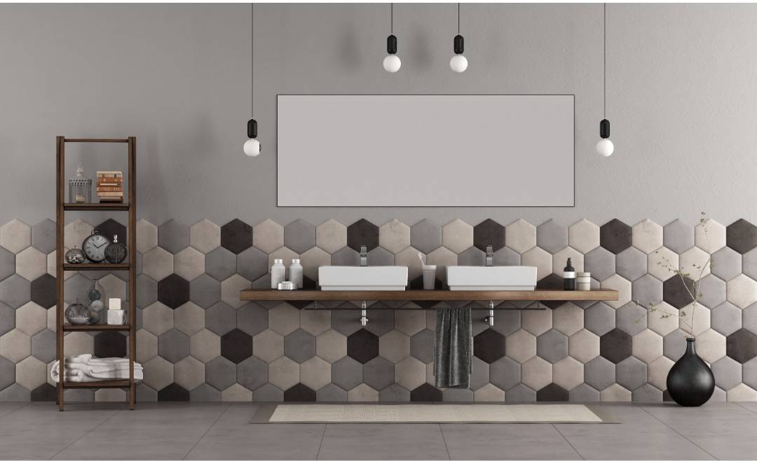 Beige, brown, and gray hexagon pattern tiles on a large bathroom wall