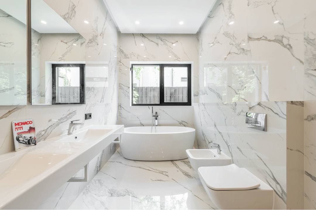 Large white Carrara Marble-look Porcelain Tiles on a modern bathroom