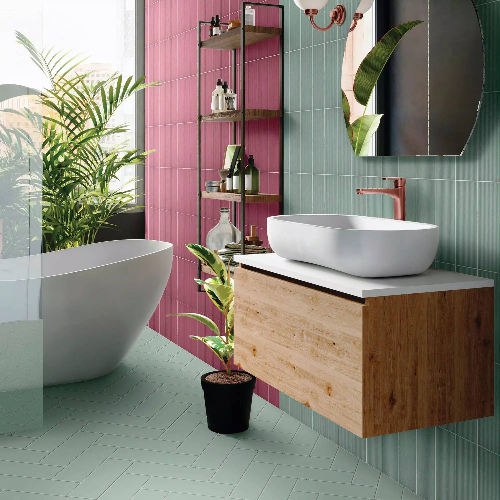 Green and purple stacked bathroom wall tile patterns on a nature-inspired interior design