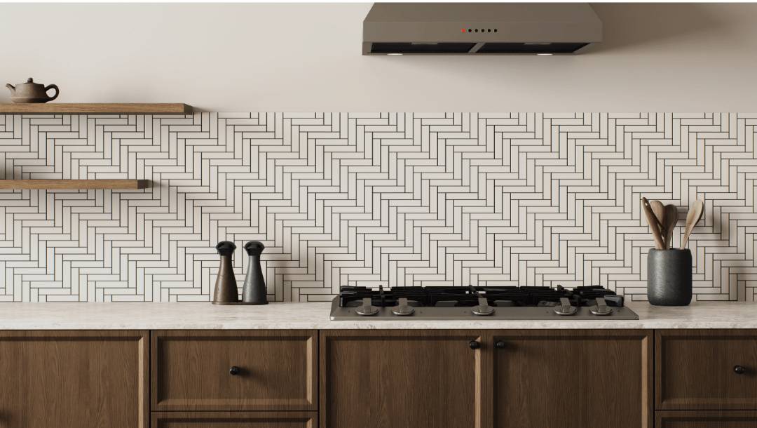 Herringbone white subway tiles backsplash with black grout
