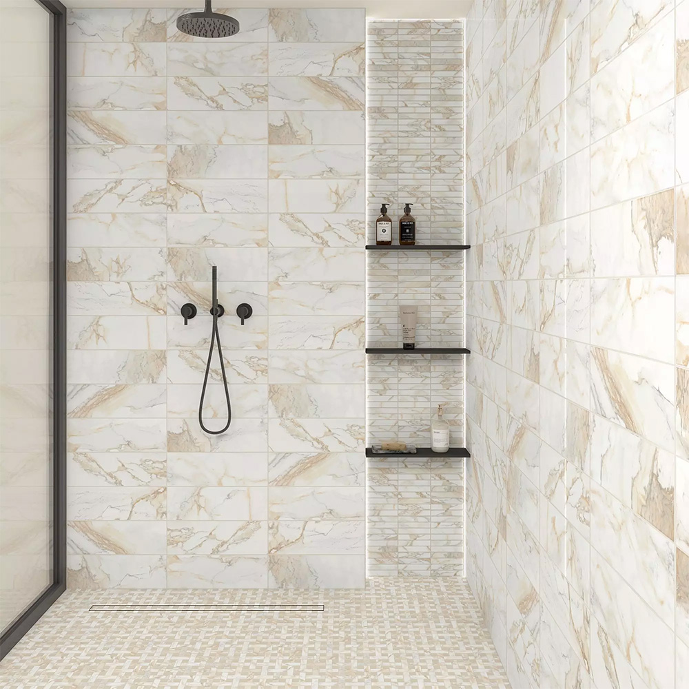 Nova Picket Glossy White Marble-look Porcelain Tile on a shower wall