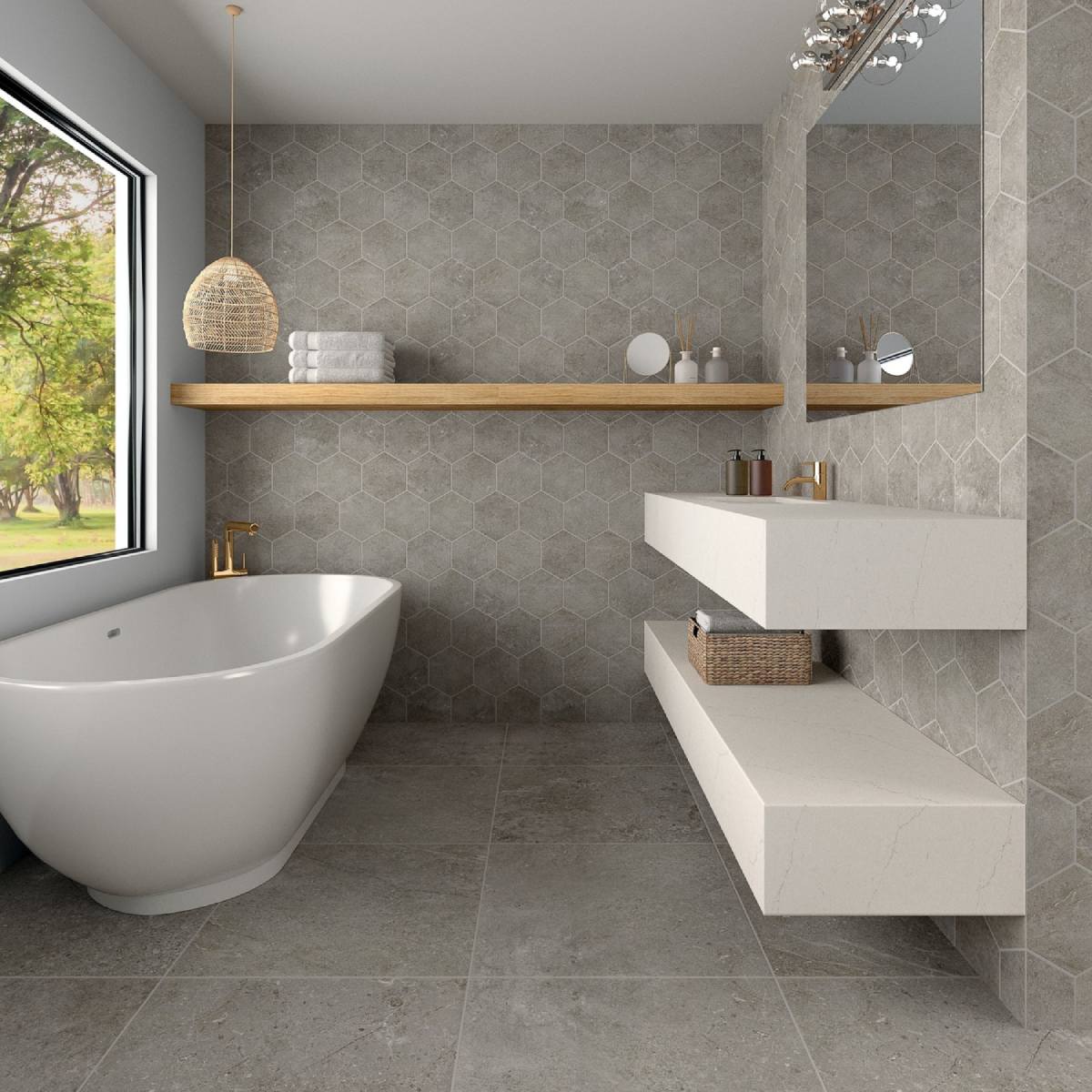 apandi-inspired bathroom with gray hexagon mosaic wall tiles and gray large-format floors