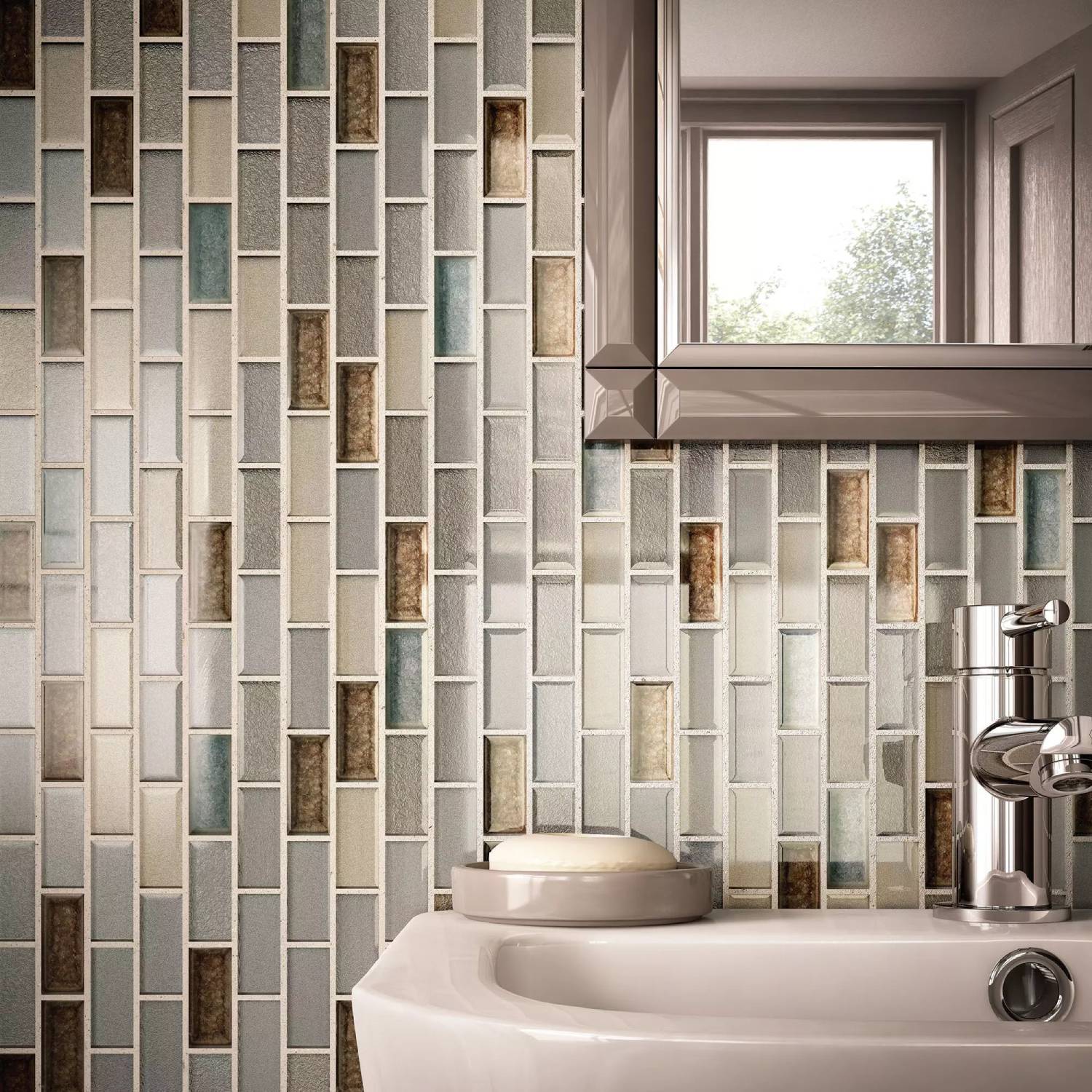 Running bond tile pattern on a rustic bathroom wall