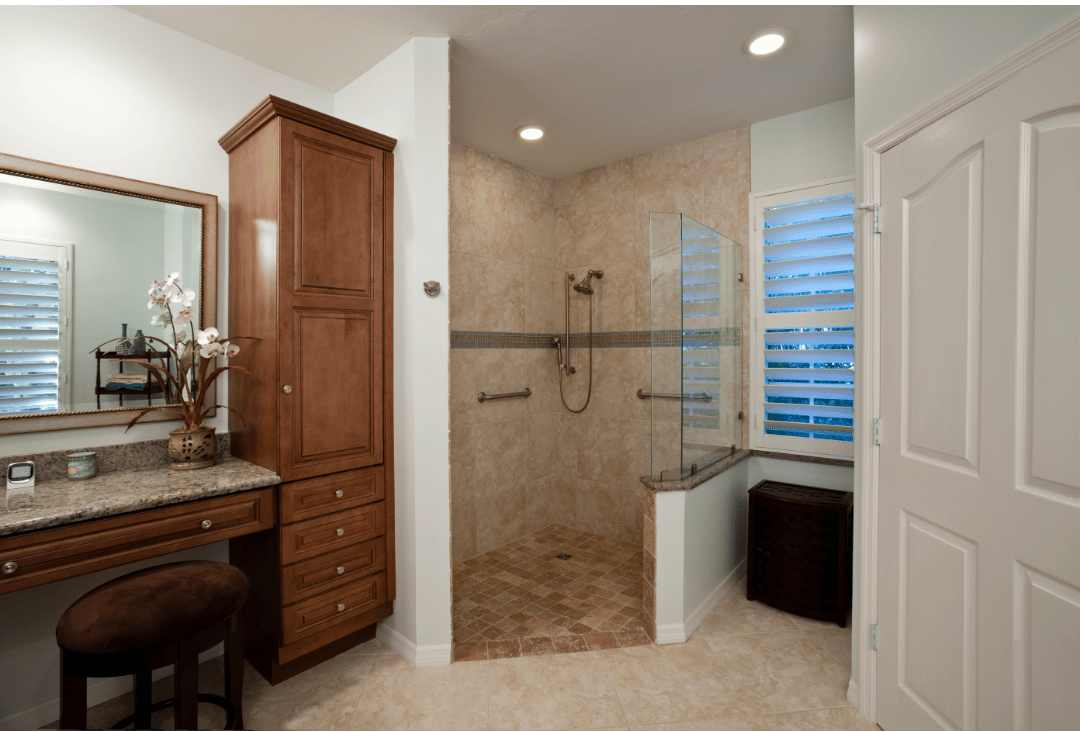 Vintage bathroom with travertine floors and walls