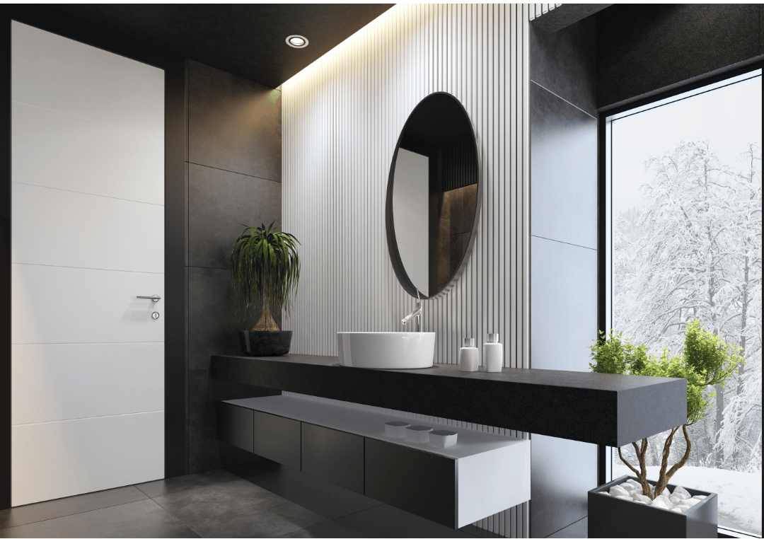 Black and White Tiles Paired With Striped Monochrome Wall Panels