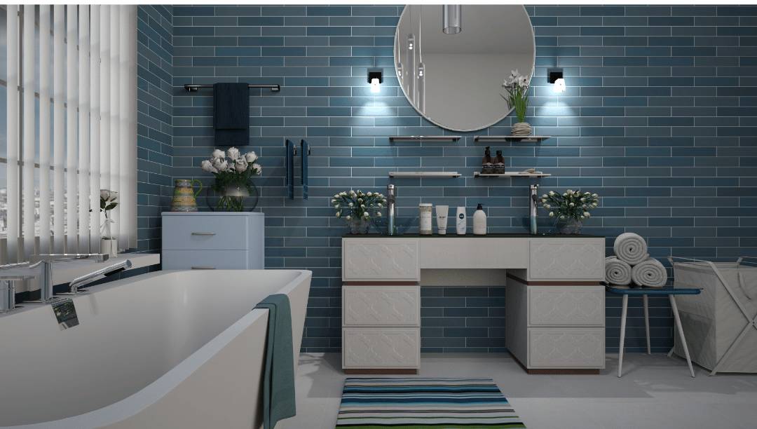 A modern bathroom wall with green Aura Rectangle Undulated Subway Tiles