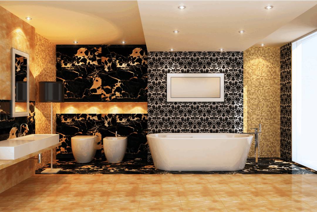 A luxurious Victorian-inspired bathroom with patterned wall tiles and a white bathtub