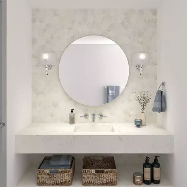 12x24 White Rectangle Porcelain Tile - A sleek and elegant bathroom in a white color scheme, with a wall and a sink composed of 12x24 matte porcelain tiles from the Rekindle Collection