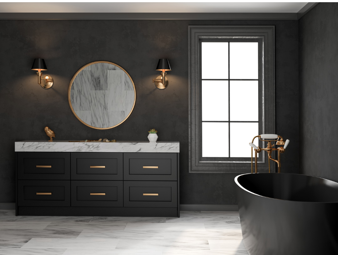A luxurious bathroom design with black tile walls and gold accents and fixtures