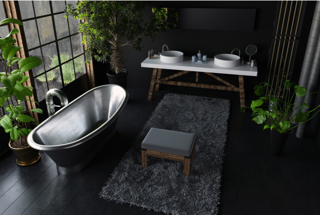 A small bathroom with a permaculture design&mdash;black wall tiles adorned with green plants
