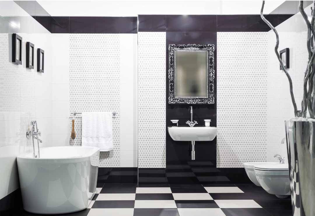Black and white bathroom with white wall tiles and checkered floor tiles