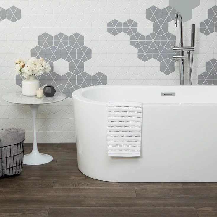 Wood-look porcelain tiles on a bathroom floor