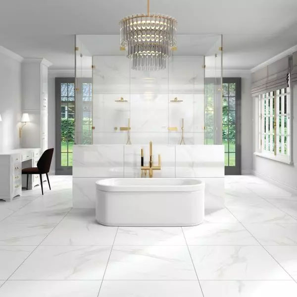 32x32 Lace Square White Marble-look Porcelain Tile - A spacious and elegant bathroom with white floor tiles that resemble white marble, featuring 32x32 Lace Square porcelain tiles from the Ravel Collection