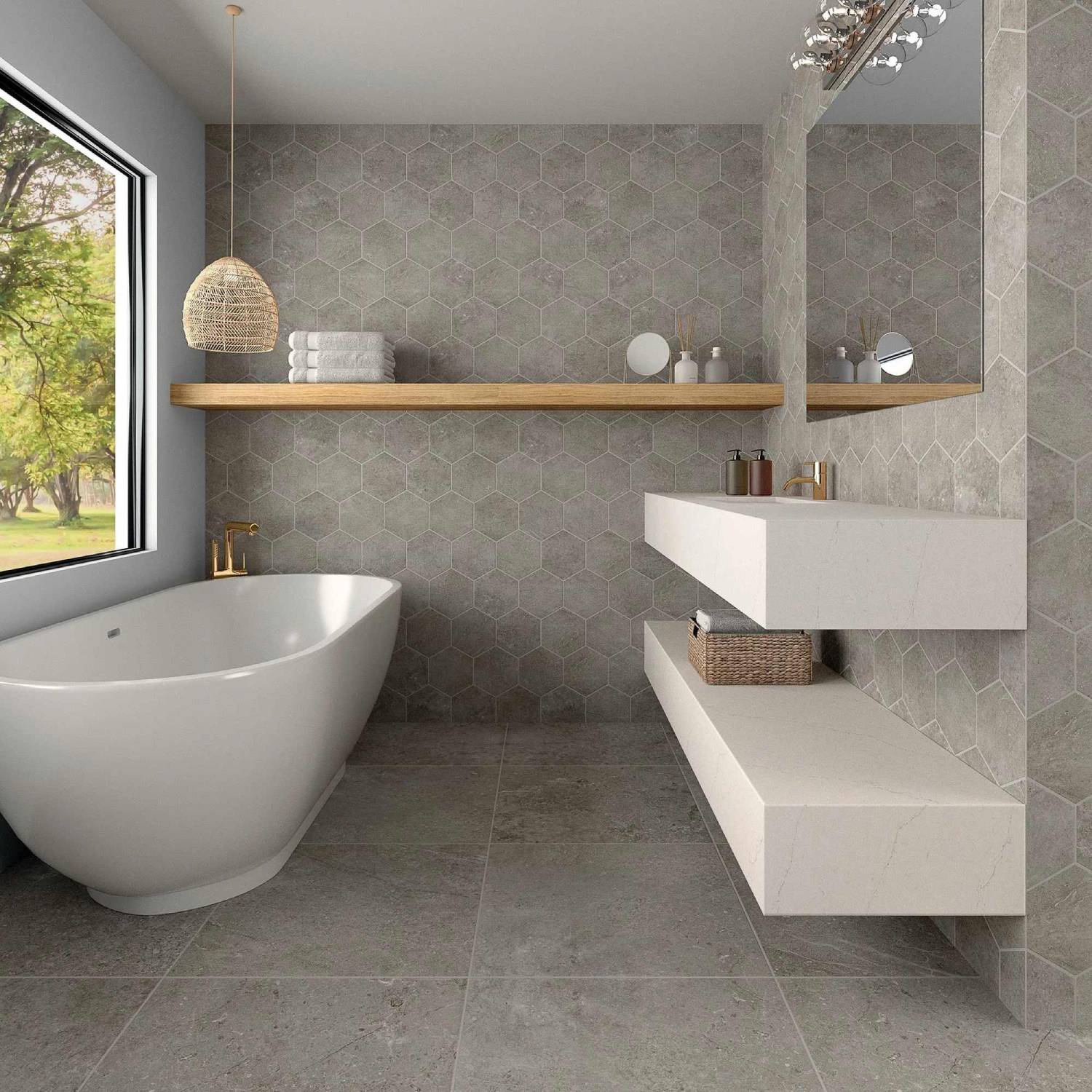 Minimalist bathroom with gray hexagon wall tiles and concrete look porcelain floor tiles