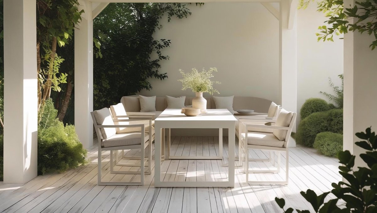 An image of an outdoor patio with wood-look porcelain tile flooring