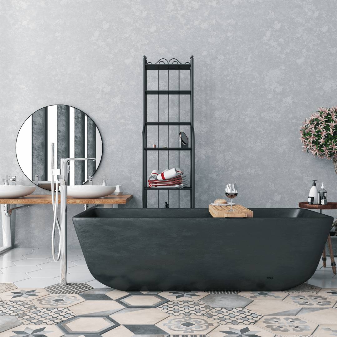 Terrazzo wall tiles and a black bathtub